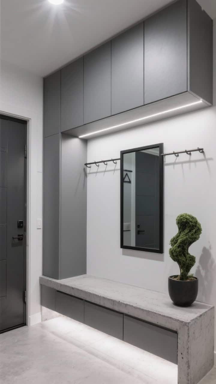 Low-angle, wide shot: ultra-modern mudroom with floating matte-gray cabinets (no toe-kicks) and a poured-look concrete bench; under-cabinet LED strips creating a hovering effect; linear coat rail, black framed mirror, and a single sculptural greenery planter; minimal accessories, clean lines, easy-to-wipe surfaces; cool, even lighting.