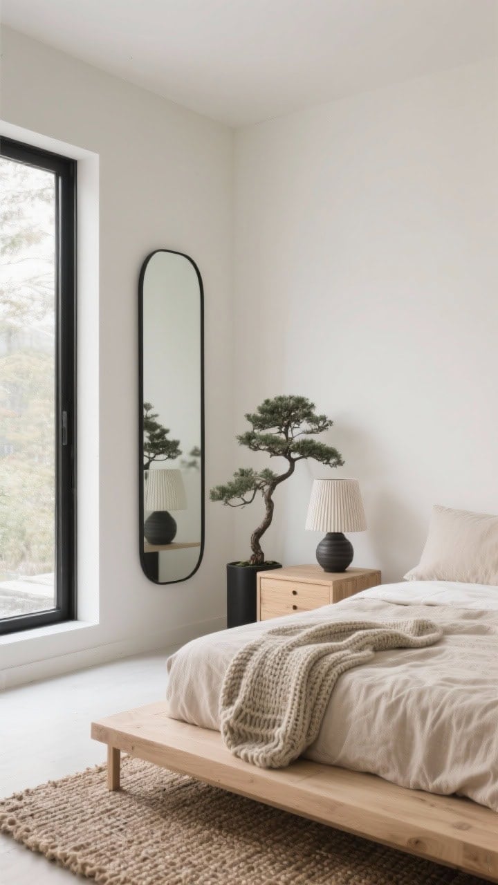 Medium corner angle, Japandi bedroom: low platform bed, pale oak nightstands, tall super-slim black metal mirror anchored beside a window, mirror running floor-to-near-ceiling reflecting soft daylight; textures layered—oatmeal linen duvet, chunky knit throw, woven jute rug; single bonsai and a ribbed ceramic lamp; palette of sand, putty, soft white with matte black accents; minimal clutter, calm, intentional, photorealistic.