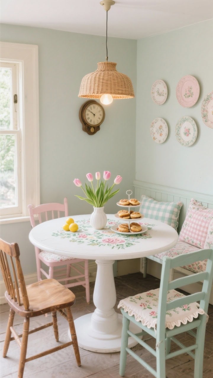 Medium, corner angle of a “Cottage-Core Breakfast Nook”: a creamy white round pedestal table surrounded by mismatched wooden chairs painted blush and pale mint; table dressed with a block-printed floral tablecloth and a vase of tulips; on the wall, a small plate gallery in soft pastels and a vintage clock; textiles include gingham and ditsy floral cushions and a scalloped-edge seat pad on a bench; overhead rattan drum shade pendant casting a warm, diffused glow; a tiered dessert stand on the table with lemons and scones; pastel, cozy, spring picnic indoors; no people, photorealistic.