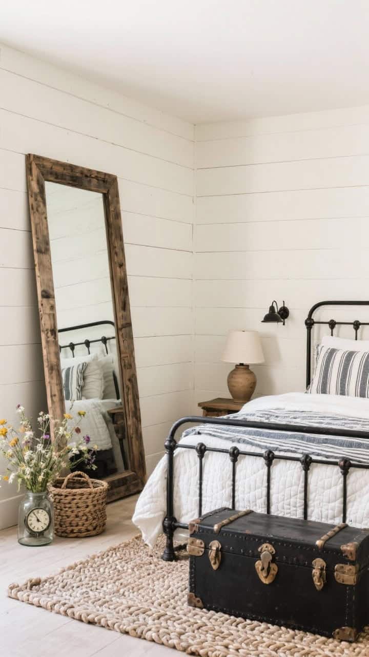 Medium corner angle, rustic modern farmhouse: tall mirror with reclaimed barn wood frame leaning beside a black iron bed; creamy white shiplap walls; bedding in ticking stripes and cotton quilts; trunk at foot of bed; black metal sconces, braided wool rug, pottery lamp; finishing touches: antique clock, woven baskets, wildflowers in a jar; palette of cream, charcoal, natural wood; cozy, grounded, photorealistic.