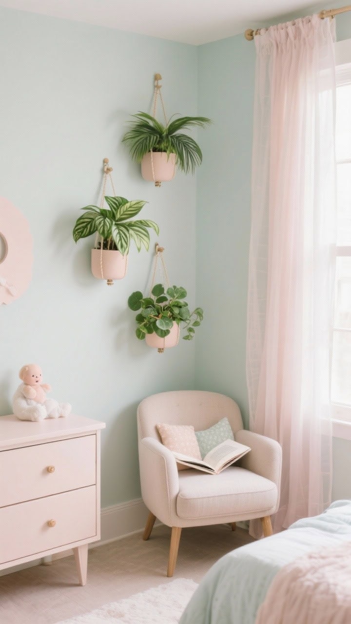 Medium corner view of a nursery/guest room reading nook: trio of small, lightweight hanging planters in staggered heights above a dresser and cozy chair; all non-toxic—calathea, parlor palm, peperomia; secure anchors for safety; soft pastel palette, sheer curtains diffusing daylight, gentle, whimsical mood; photorealistic.