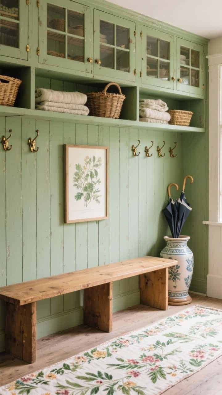 Medium shot, cottage style: sage green beadboard cabinetry with warm oak bench that feels timeworn; upper cabinets with mullion doors displaying baskets and folded blankets without clutter; antique brass hooks along the back; ceramic umbrella stand by the bench; floral runner on the floor; botanical print hung above; soft, welcoming daylight.