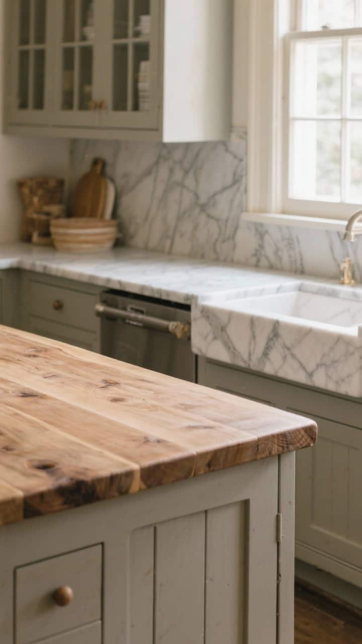 Medium shot focused on countertops: a butcher block island with rounded, kid-friendly edges sealed to a soft matte; adjacent perimeter in honed soapstone with gentle patina; subtle etching on honed marble pastry slab; natural daylight grazing surfaces to highlight the lived-in old-world character