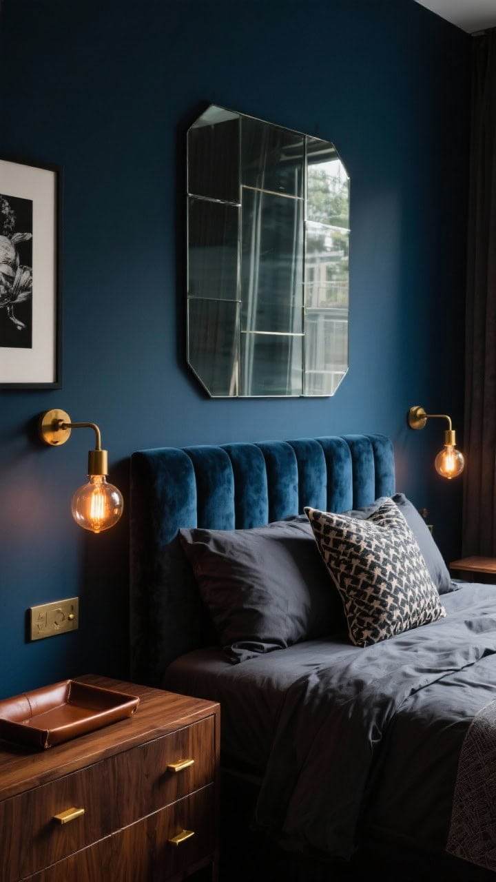 Medium shot, moody boutique hotel vibe: smoked glass mirror panel built into wall beside a velvet-upholstered headboard; walls painted deep inky blue; walnut dresser with brass pulls; bed dressed in charcoal sheets with patterned throw pillows; brass swing-arm sconces with warm Edison bulbs casting amber glow; details like leather tray, black-and-white art; dark wood tones, luxe but subdued, photorealistic.