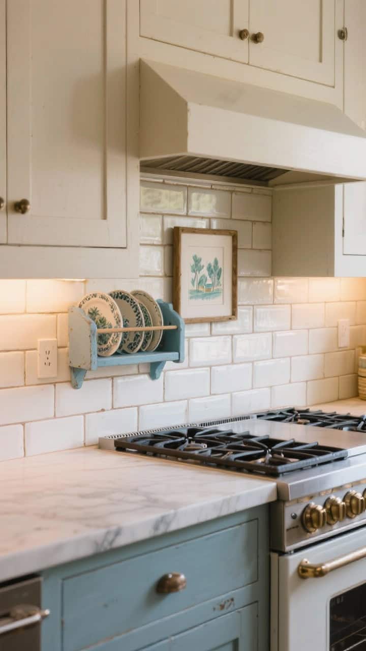 Medium shot of a cottage-worthy backsplash: handmade ceramic subway tile in cream with thicker grout lines, a small plate rack integrated near the range, a tiny display shelf holding a framed kitchen-friendly artwork; muted blue accents, imperfect tile edges for character; warm task lighting under cabinets