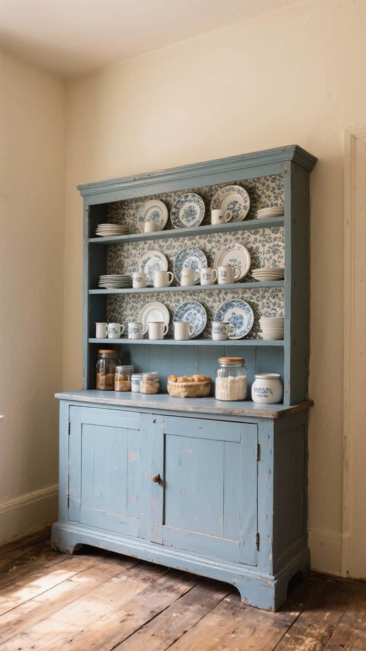 Medium shot of a freestanding antique hutch painted a contrasting dusty blue against cream walls, shelves lined with patterned paper, everyday plates and mugs neatly stored, small jars and baking supplies displayed; worn wood floor, warm ambient light giving a collected, lived-in look