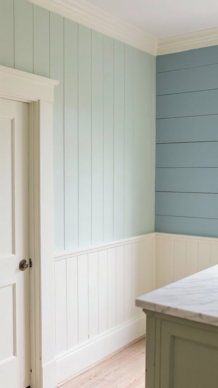 Medium shot of a kitchen wall featuring vertical beadboard painted pale sage with satin sheen, a beadboard-clad island base for charm and scuff resistance, adjacent shiplap wall in dusty blue, simple cream-painted tongue-and-groove paneling near the doorway, soft natural light, wipeable satin/semi-gloss finish visible in highlights