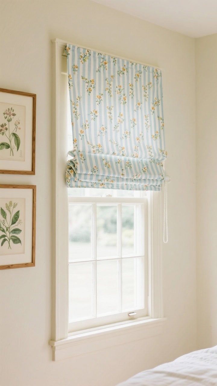 Medium shot of a window with a roman shade in tiny floral print, ticking stripe valance layered above, slim wooden frames showcasing vintage botanical prints on the adjacent wall; palette of soft creams and muted greens/blue; cheerful, classic patterns in cohesive tones; gentle daylight
