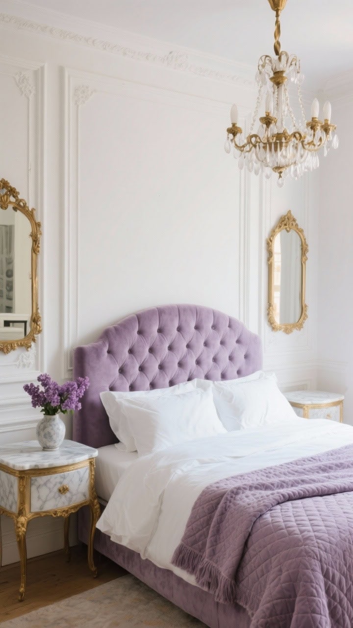 Medium shot, Parisian romance: ivory white walls with white picture-frame molding and creamy paneling, tufted velvet headboard in dusty lavender-plum, bed dressed with white sateen sheets, lavender matelassé coverlet, quilted throw; vintage-style brass chandelier overhead, marble-topped nightstands, gold-framed mirror reflecting soft warm light, a single vase of lilacs on a nightstand; elegant, layered, timeless mood; photorealistic.