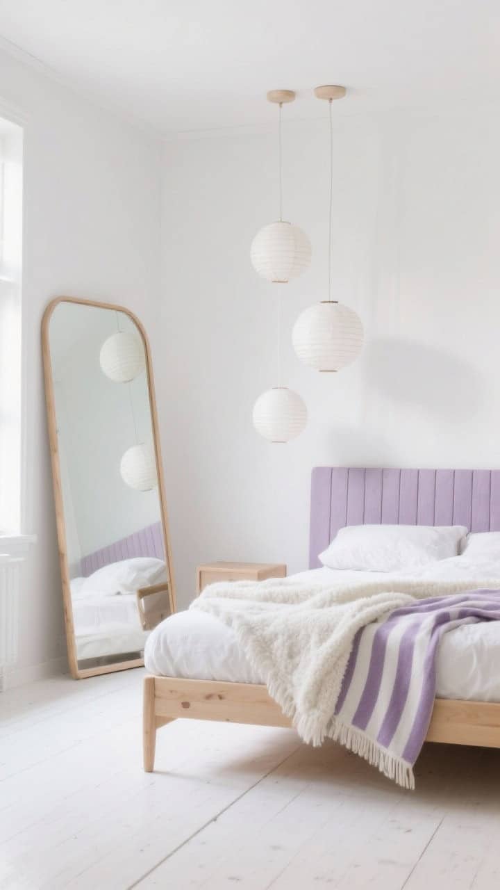 Medium shot, Scandinavian light: whitewashed floor, white walls, bed frame or slatted headboard with subtle lavender-tinted wood stain; pale oak accents and simple forms; textures include nubby white wool blanket, lavender cotton sheets, striped lavender-and-white throw; trio of paper globe pendants at staggered heights; oversized leaning mirror with natural ash frame bouncing daylight; bright, airy, Nordic-calm; photorealistic.
