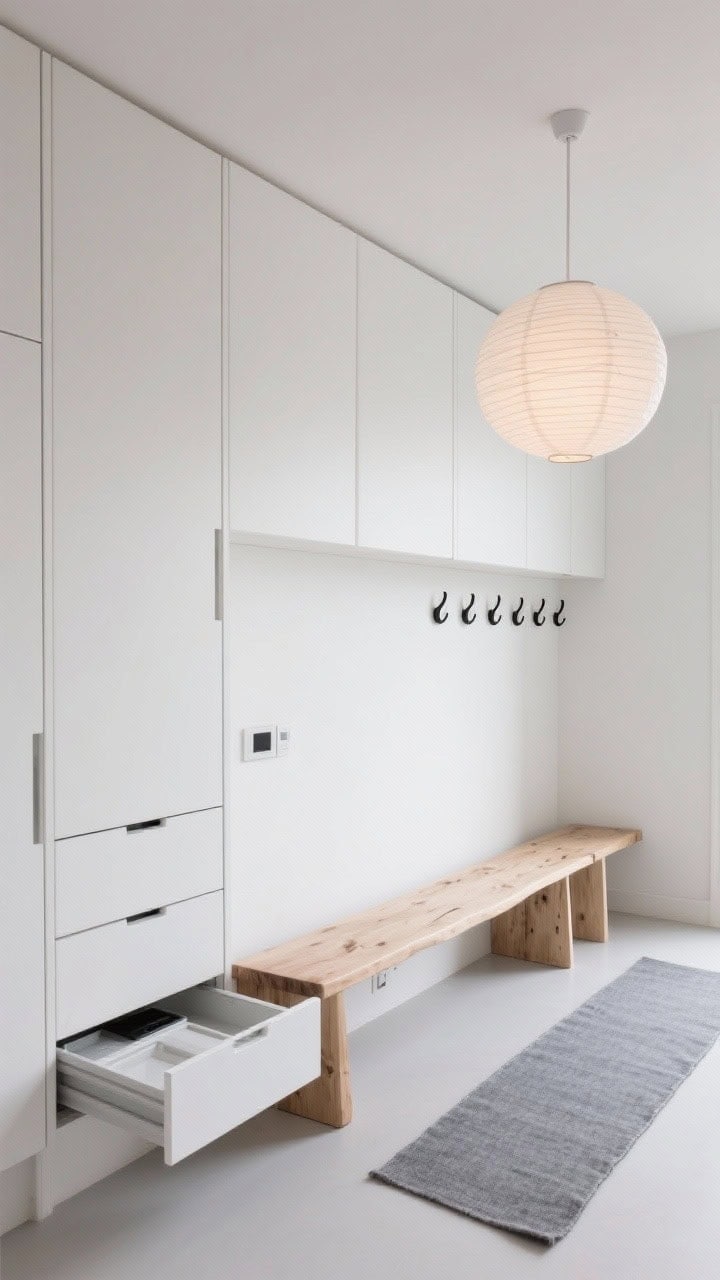 Medium shot, Scandinavian minimal: a seamless wall of handleless matte white cabinets to the ceiling with touch-latch doors; integrated charging drawer and hidden pull-out trays subtly ajar; natural birch bench beneath, black peg hooks aligned above; muted gray runner; a single oversized paper lantern overhead casting soft diffuse light; calm, airy, clutter-free, straight-on view.