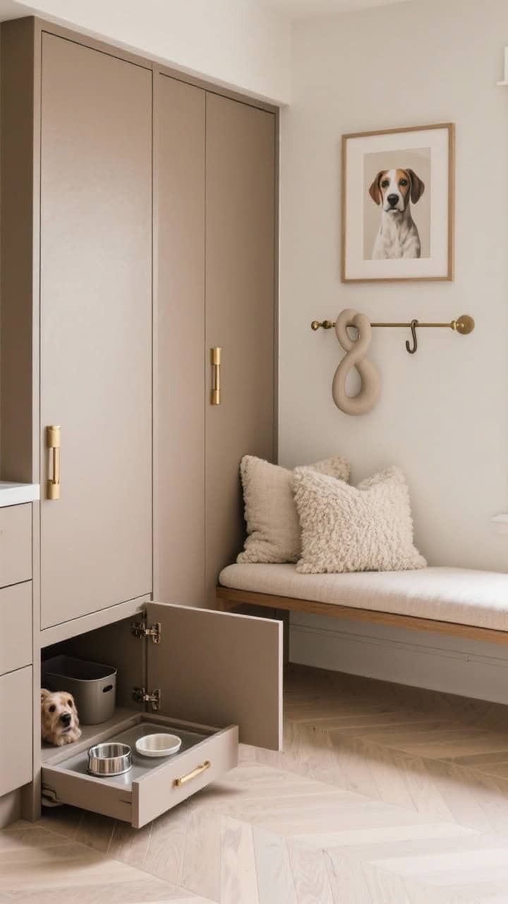 Medium shot, serene neutral: linen-textured cabinet fronts in warm taupe with champagne-finish pulls; one base cabinet open to reveal a hidden dog station with pull-out bowls and tilt-out kibble bin; boucle cushions on the bench; sculptural wall hook rail; pale herringbone floor; framed dog portrait above; soft, diffused lighting for a calm atmosphere.