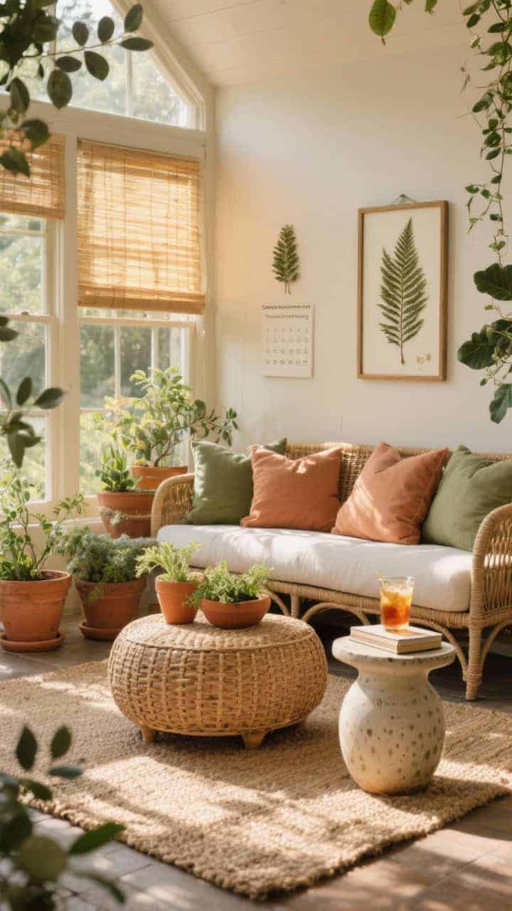Medium, sun-drenched “Sunroom Conservatory” vignette: rattan loveseat piled with sage and clay-colored cushions, a woven ottoman doubling as a coffee table; layered planters in terracotta and matte cream holding herbs and eucalyptus; jute or sisal rug catching warm afternoon light; windows dressed with light bamboo shades or gauzy panels filtering sun; a ceramic garden stool as a side table with a book and iced tea; wall detail: botanical wall calendar or pressed fern frames; golden-hour light, textured and cozy; photorealistic.