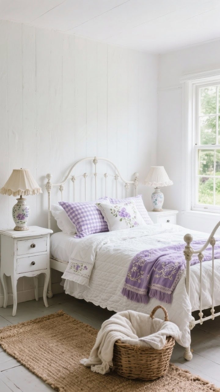 Medium-wide cottage garden: soft white walls, white painted vintage-style iron bed with curved details, lavender-and-white gingham sheets, lightweight white quilt, floral lavender throw and embroidered pillows layered; mismatched white bedside tables with ceramic lamps featuring ruffled shades; jute rug on floor, basket of throw blankets; windows open with breezy light; sweet, nostalgic, airy mood; photorealistic.