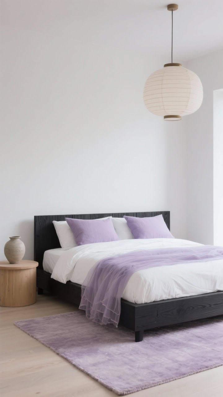Medium-wide Japandi calm: chalky white walls, low blackened wood bed (shou sugi ban or matte black), pale wood rounded-edge nightstands; bedding with white cotton sheets, lavender gauze coverlet, oversized lavender-linen pillows; rice paper pendant overhead, stoneware vase on nightstand, pale lavender area rug grounding the space; minimal, refined, spa-like; photorealistic.