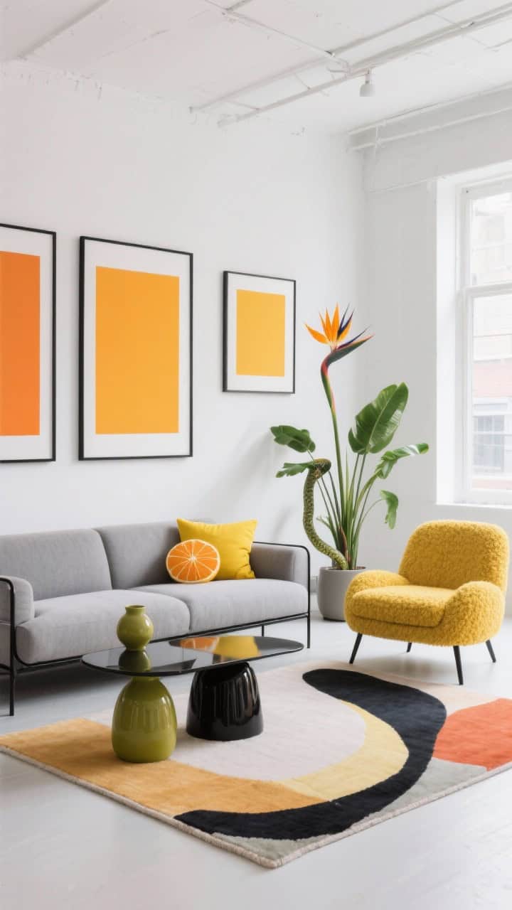 Medium-wide “Modern Spring Loft” with clean lines: white walls, low-profile grey sofa, black metal accents; pops of citrus color—clementine throw pillows, a lemon-yellow bouclé accent chair; abstract rug with curved color blocks anchoring the seating; on the wall, three large minimalist prints with punchy color fields in citrus tones; materials include powder-coated black frames, a glossy lacquered side table, matte ceramics in chartreuse; greenery: a tall bird-of-paradise and a snake plant for sculptural height; bright, crisp daylight; photorealistic, energetic minimalism.