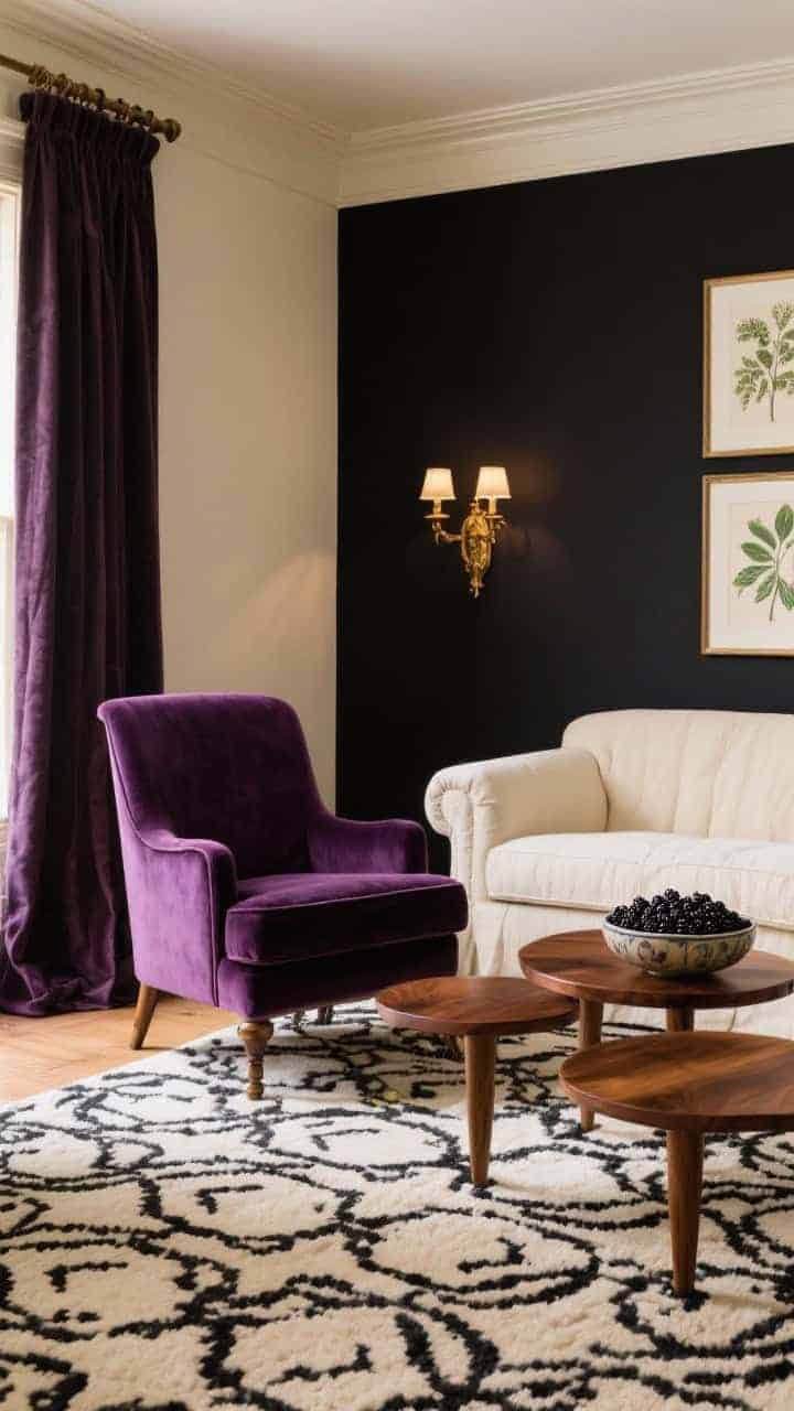 Moody, luxe sitting area detail shot: deep blackberry accent wall behind creamy walls; a fig-purple velvet armchair beside cream slipcovered sofa; antique brass sconces casting warm pools of light; walnut nesting tables with a ceramic bowl of fresh blackberries; cream-and-black patterned rug beneath; plum linen drapes and dark-framed botanical prints adding richness.