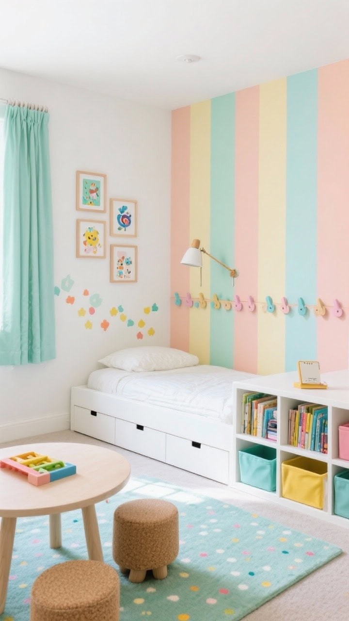 Overhead detail-meets-room shot (slightly elevated angle): Playful pastel kids’ room with two adjacent walls painted in wide, soft stripes of peach, mint, butter, and sky; remaining walls white. Include a low-profile white platform bed with drawers, a modular cubby bookcase with color-coded bins, a rounded play table with cork stools, and peel-and-stick decals over the bed. Add a washable rug with a subtle confetti pattern, a row of painted wooden peg hooks in matching pastels, a clip-on reading light, framed kid art gallery with uniform frames, and blackout curtains in mint. Bright, joyful daylight, photorealistic.