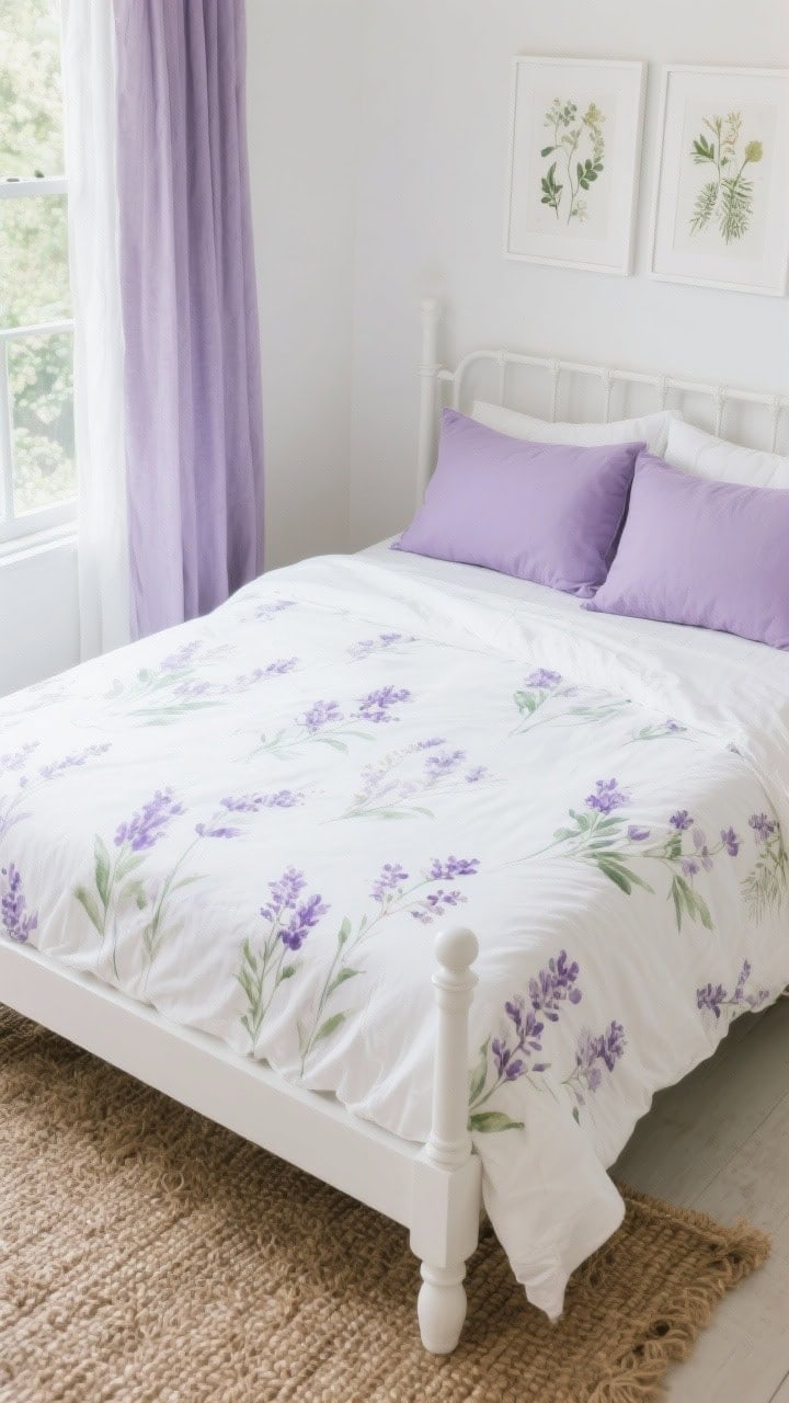 Overhead detail shot of bed styling, botanical retreat: clean white sheets on a white spindle bed, duvet with soft watercolor lavender florals as the hero pattern; solid lavender Euro shams, botanical prints in white frames partially visible on wall edge; white linen drapes with lavender blackout lining hinting at the window; sisal rug texture framing the bottom of the shot; fresh, romantic, garden-soft; photorealistic.