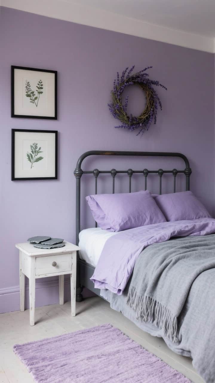 Photorealistic bedroom corner, straight-on view: muted lavender walls with a charcoal-painted spindle bed dressed in lavender linen bedding and heather gray throws; whitewashed nightstand holding rough slate coasters; black-framed botanical prints above; a pale lilac rug underfoot; a dried lavender wreath centered over the headboard; soft, moody ambient lighting with gentle contrast.