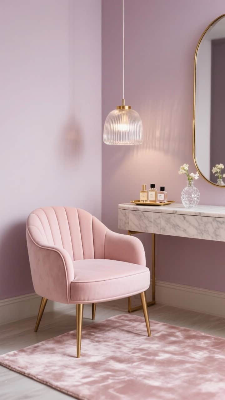 Photorealistic closeup detail of a soft glam dressing corner: blush channel-tufted accent chair with rounded back and brushed brass legs; fluted glass pendant casting gentle glow above; pale marble side table with a tray of perfume bottles and a crystal bud vase; walls in pale mauve; silky viscose rug showing subtle sheen; leaning brass mirror edge visible; elegant, pampering mood, no people.