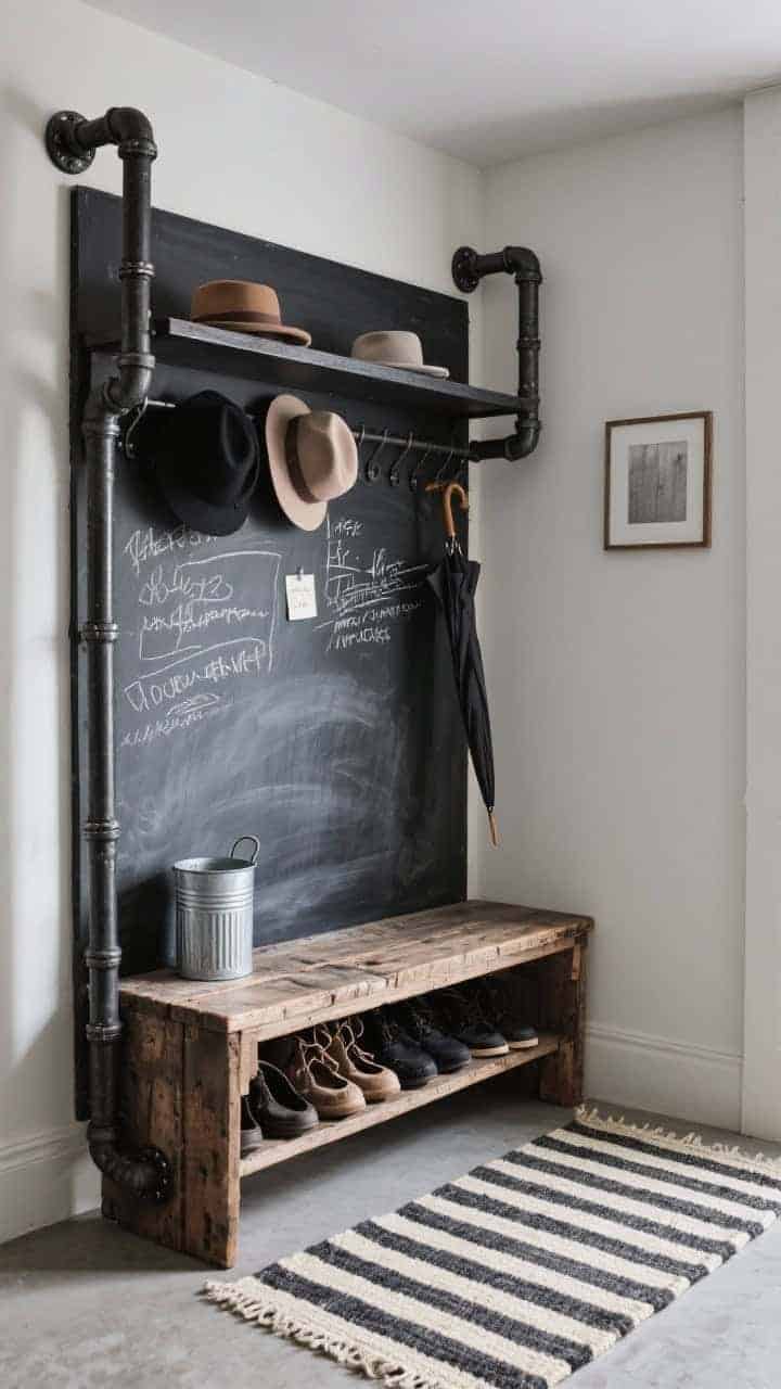 Photorealistic corner medium shot, industrial pipe rack running floor-to-ceiling in black iron; integrated top shelf for hats and bottom rack for shoes; reclaimed wood seat that tucks under when not in use; charcoal chalkboard panel backing the area with scribbled reminders; galvanized umbrella can beside the rack; striped cream-and-charcoal indoor-outdoor rug underfoot; palette of charcoal, black iron, weathered wood, cream stripe; gritty yet tidy mood; angled corner view.