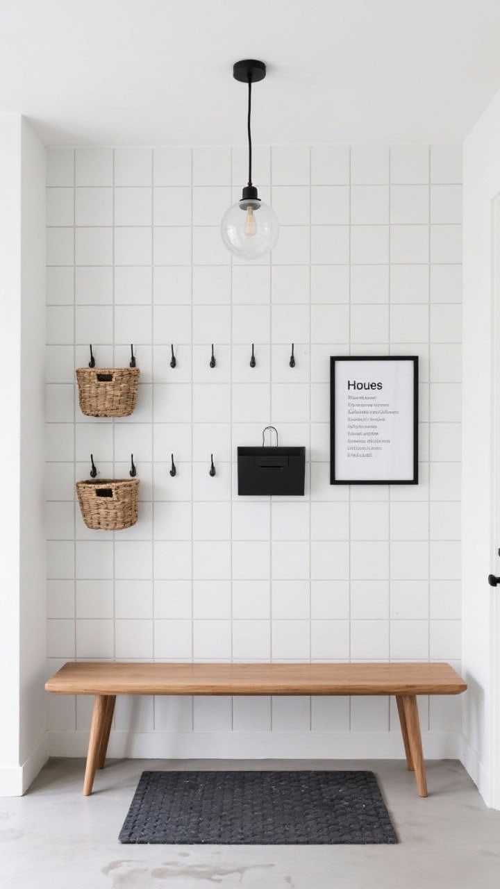 Photorealistic detail-plus-medium shot, minimalist grid wall system: white powder-coated grid panel covering wall from bench height up; modular baskets, hooks, and a mail caddy clipped on in an orderly layout; slim oak bench with tapered legs below; charcoal rubber mat in front for wet days; small pendant globe casting neutral light; crisp black-edge frame with house rules on the wall; palette of white, oak, charcoal, black accents; organized, functional aesthetic; straight-on view highlighting the grid geometry.