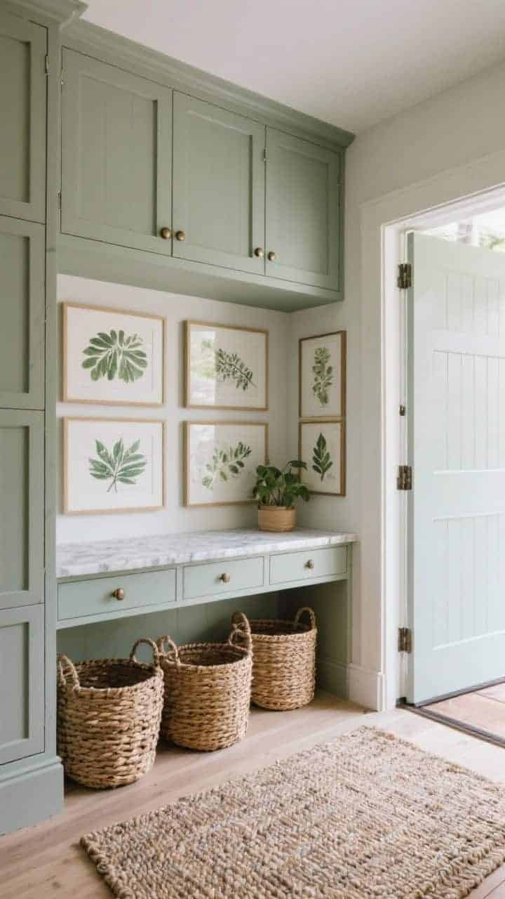 Photorealistic entryway medium shot painted in sage gray-green that bridges warm and cool tones; built-in cabinets in sage with unlacquered hardware and a marble-topped console; layered botanical prints, wicker baskets beneath, and a textured rug; calm, balanced light, soft modern cottage feel