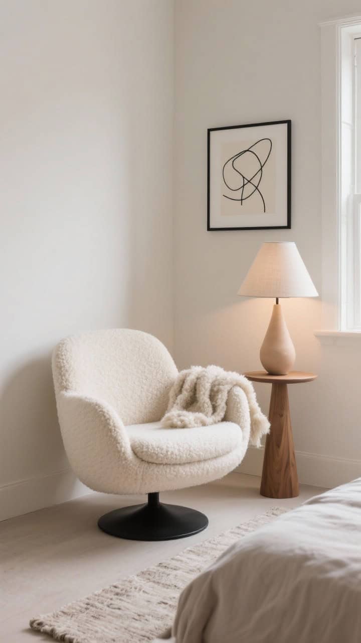 Photorealistic medium shot of a minimalist bedroom corner with a cream bouclé swivel chair on a low-profile matte black base, rounded back facing a window; muted palette of warm whites, oatmeal, and pale taupe; narrow oak pedestal side table holding a pale clay vase; cone-shaped linen floor lamp casting a soft glow; plush shearling-look throw draped over the chair; abstract black-line art in a thin black frame on the wall; low-pile neutral rug underfoot; calm, hush atmosphere, no people.
