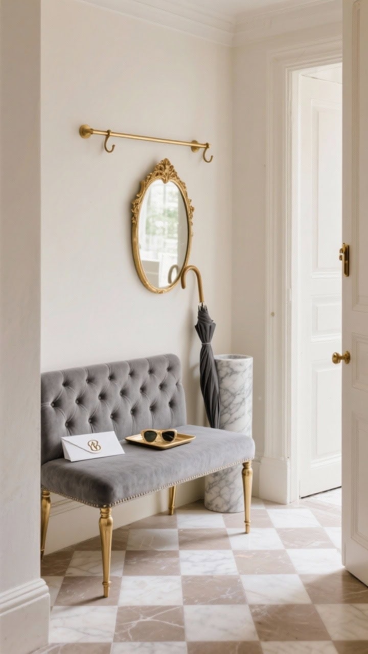 Photorealistic medium shot, Parisian petite vestibule defined by cream-and-soft-taupe checkerboard floor tiles; slender brass rail with double hooks above a smoke gray velvet tufted bench; petite gilded mirror reflecting light; marble umbrella stand beside the bench; monogrammed tray on the bench for mail and sunglasses; palette of cream, taupe, brass, smoke gray; elegant, refined mood with soft ambient lighting; slightly angled view to showcase floor pattern.