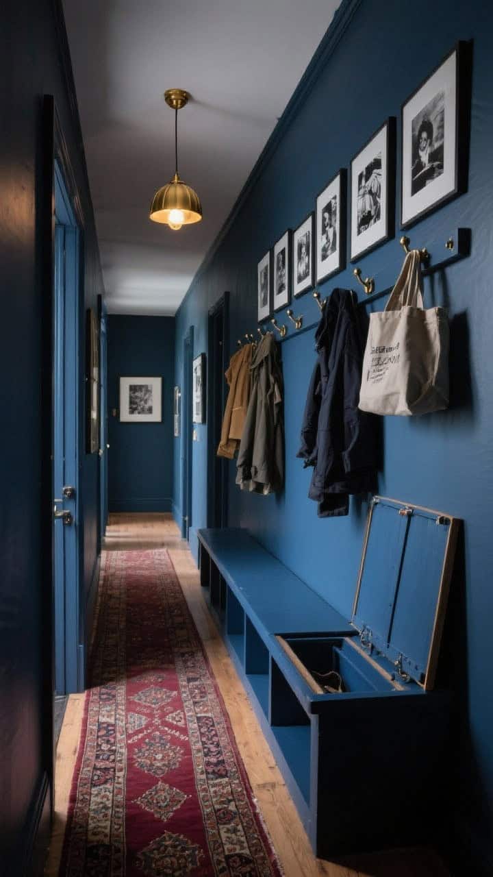 Photorealistic wide hallway shot, moody gallery entry with ink-blue walls; long shaker peg rail painted to match, lined with coats and totes; flip-top storage bench in matching ink-blue below; tight cluster of black-and-white photos above bench; vintage Persian runner with wine-red tones along the floor; small brass dome sconce creating a warm glow; palette of ink blue, brass, black-and-white, wine-red; slightly dramatic, gallery-like atmosphere; eye-level perspective down the short hallway.