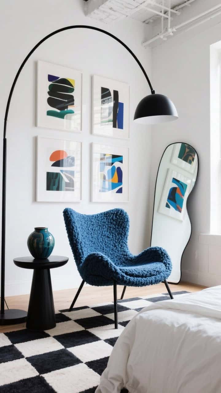 Photorealistic wide loft corner with art-forward vibe: sculptural accent chair in boucle with an organic fluid shape in cobalt; gallery wall of oversized abstract prints behind; black pedestal side table with a bold ceramic vessel; tall matte black arc lamp arching overhead; graphic checkerboard rug anchoring the space; crisp white bed linens partially visible for contrast; asymmetrical mirror leaning on adjacent wall; bright natural light.