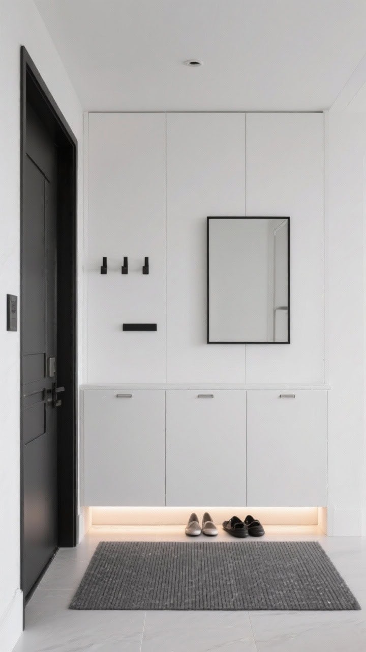 Photorealistic wide pocket entry shot, modern monochrome: wall-to-wall white shoe cabinet with push-latch doors, seamless and custom; single strip of matte black wall hooks above; black-framed rectangular mirror centered; low-profile ribbed mat in graphite on the floor; slim LED light bar under the cabinet lip washing surface with a soft glow; palette of white, matte black, graphite; crisp, tailored minimalism; straight-on, symmetrical composition.