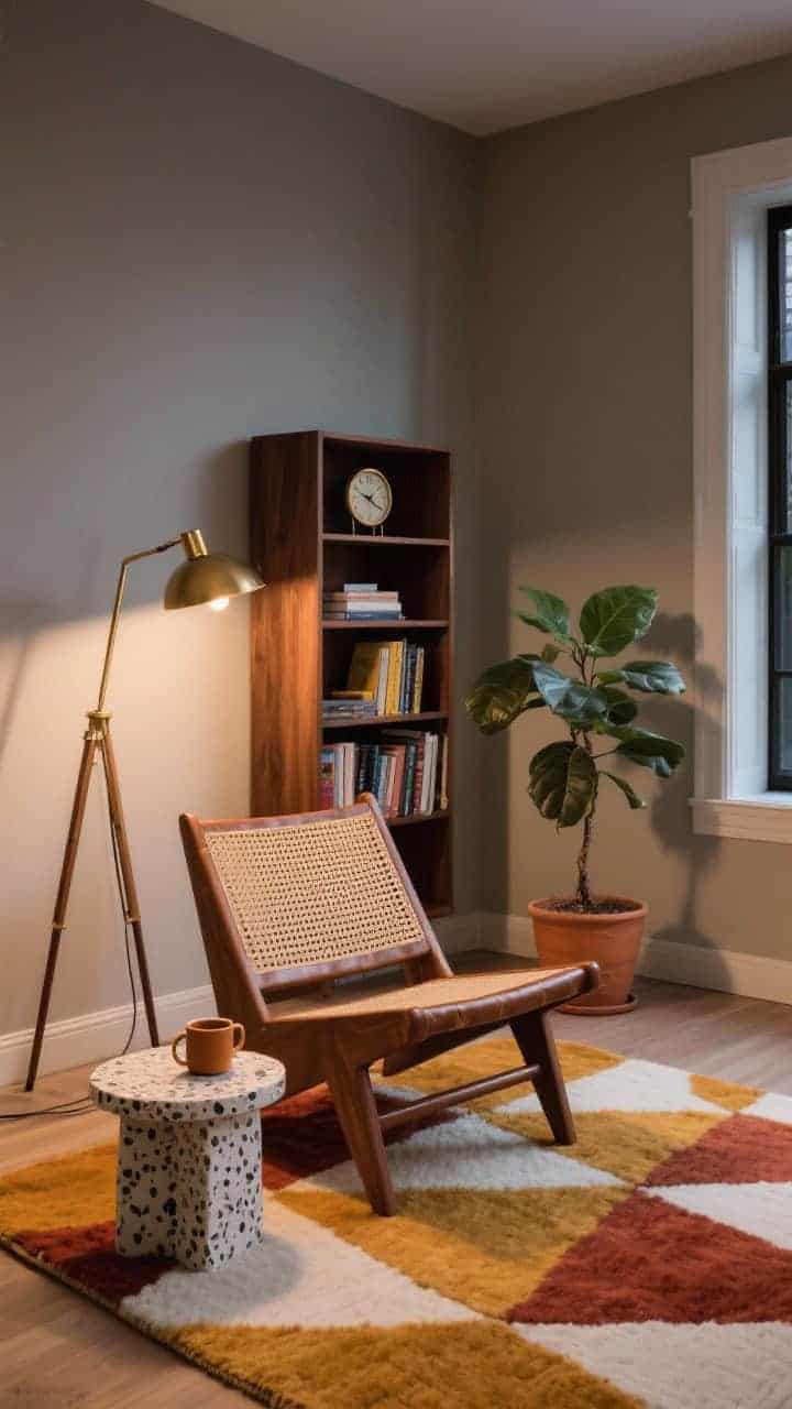 Photorealistic wide shot of a mid-century reading retreat: woven leather-and-walnut lounge chair with supportive recline set on a geometric wool rug in ochre, rust, and ivory; greige walls; tripod floor lamp with a brass neck; slim walnut bookcase with paperbacks and a vintage clock; terrazzo-topped side table with a mug; terracotta planter with a rubber tree nearby; evening ambient light, no people.