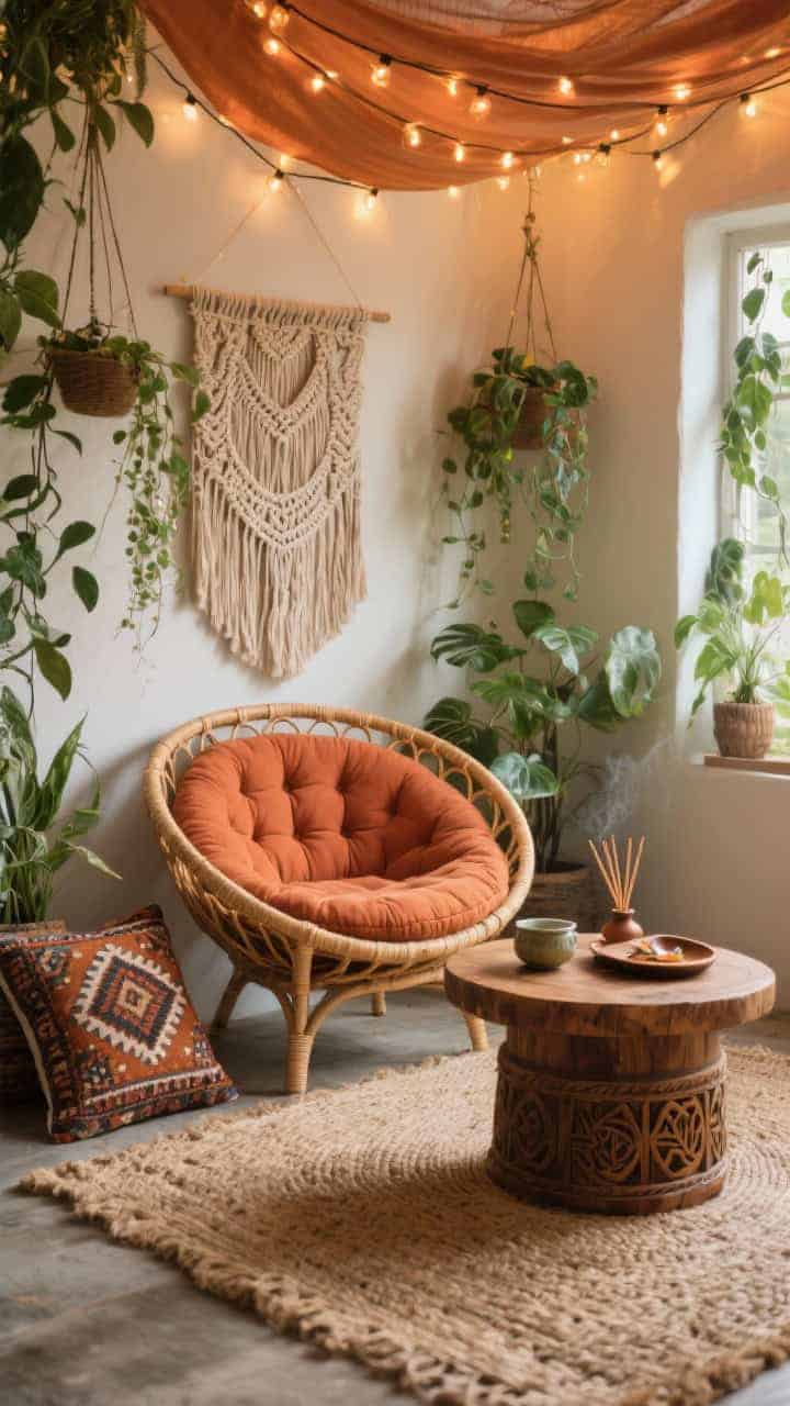 Photorealistic wide shot of a nature-first boho corner: rattan papasan chair with an oversized tufted cushion in terracotta; surrounded by hanging plants and a macramé wall piece; woven jute rug on the floor; carved wood drum table holding tea; warm-toned string light canopy draped above for ambient twinkle; patterned kilim pillow and an incense tray on the table; relaxed, lush vibe.