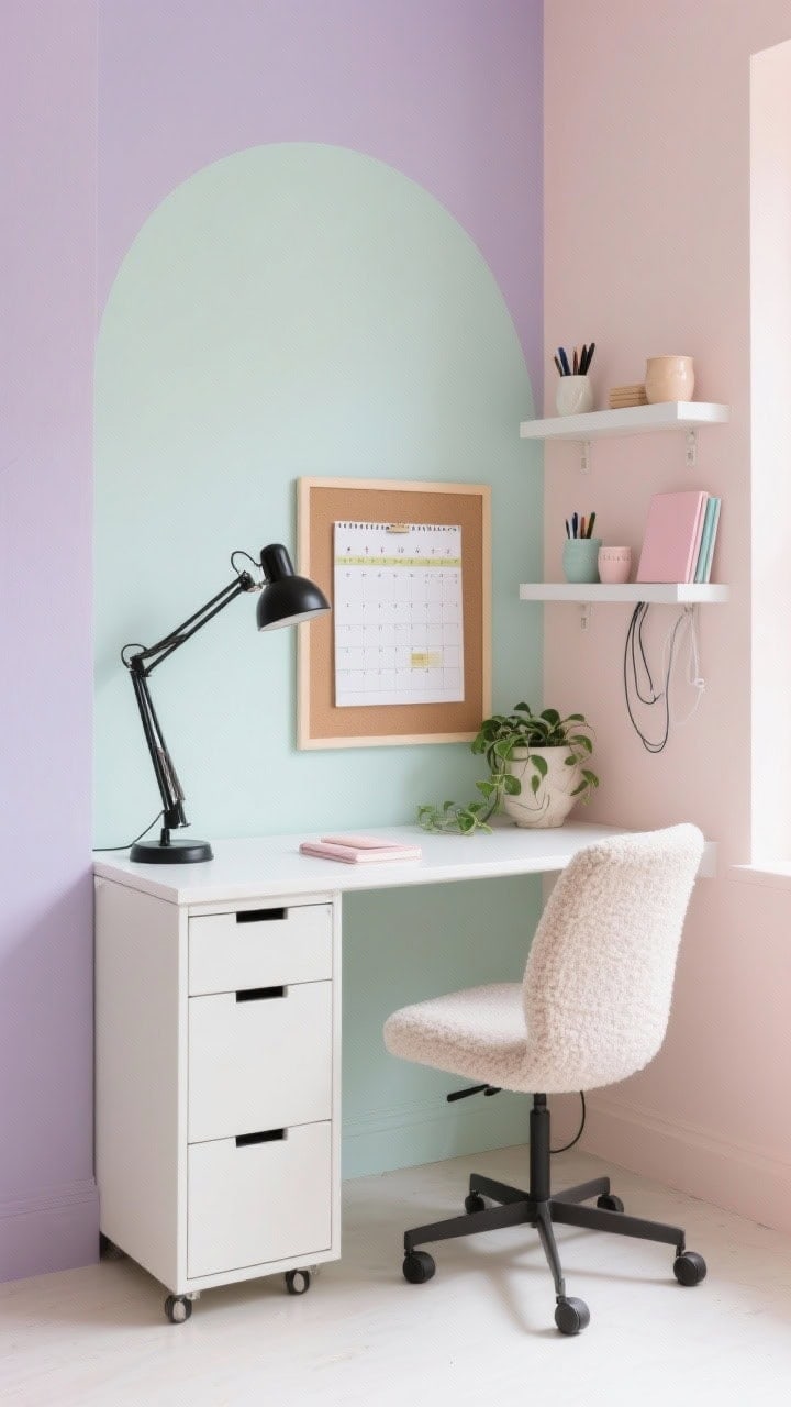 Straight-on medium office nook: Modern pastel workspace with a crisp white desk and matte black task lamp set against a color-block pastel arch painted in dusty lavender, muted mint, and soft blush. Include an ergonomic boucle chair, narrow file cabinet on casters, linen-wrapped pinboard with a washi-tape grid calendar beside it, and a trio of floating shelves neatly styled. Add ceramic pen cups, pastel notebooks, stick-on cord channels for tidy cables, and a tiny sculptural planter with a trailing pothos. Fresh, optimistic glow with bright diffused light, photorealistic.