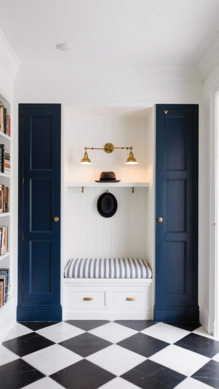 Straight-on, medium shot: classic navy built-ins with panel doors flanking an open white center bench topped with a cushioned pad in subtle ticking stripe; brass library swing-arm lights above the bench casting warm task light; a shelf for hats placed above; black-and-white hex tile floor grounding the space; crisp, polished palette.