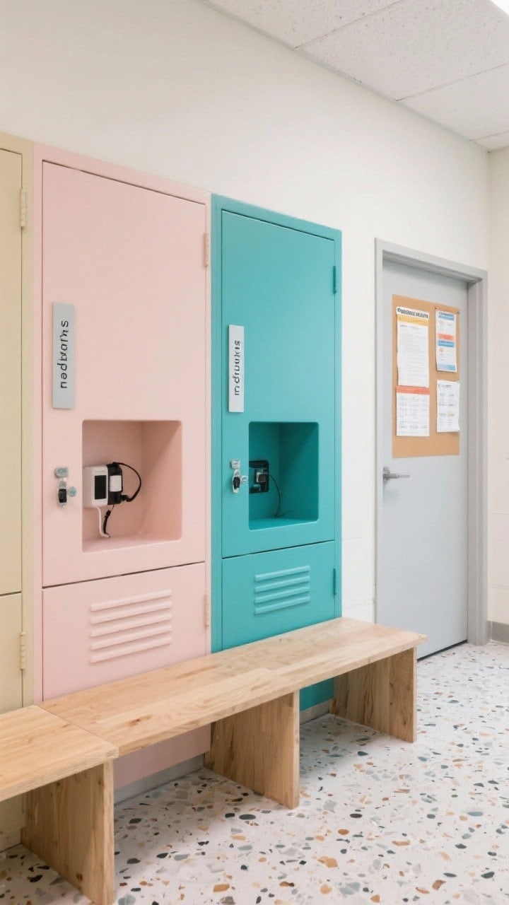 Straight-on, medium shot: color-blocked family lockers with soft blush door, ocean teal door, and pale gray door, each with a vertical name plate; inside each, a charging niche and a single drawer with dividers; light oak bench below; terrazzo-style tile floor; inner door pinboard strips visible with permission slips and schedules; upbeat, organized, even lighting.