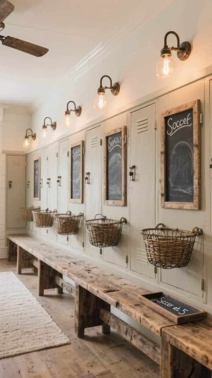 Straight-on, medium shot: farmhouse row of individual locker-style cabinets painted warm greige, each door with framed chalkboard panels labeled with chalk; reclaimed wood bench runs across, vintage wire baskets tucked underneath; industrial sconces mounted above each locker, warm glow; chalk tray along the bottom rail with notes like “Soccer at 5”; cozy, organized charm.