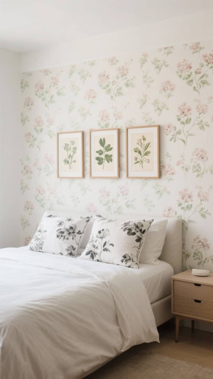 Straight-on medium shot of a wall with modern quiet florals: a single accent wall with a small-scale muted floral wallpaper in soft sage and dusty rose on warm white ground; bed dressed with a plain duvet and two floral shams in monochrome tones; above the nightstand, a trio of vintage botanical illustrations in thin wooden frames; overall muted tones, no bright patterns; soft ambient daylight.