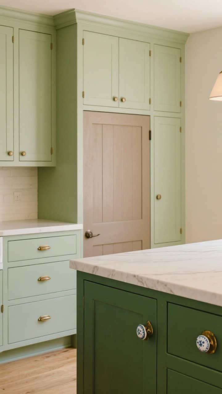 Straight-on medium shot of Shaker-style inset cabinets painted a soft sage green, island in a deeper complementary green for a custom vibe, hardware in aged brass and porcelain knobs mixed thoughtfully; creamy taupe accents on nearby pantry door; gentle, warm lighting emphasizing the whisper-soft color palette