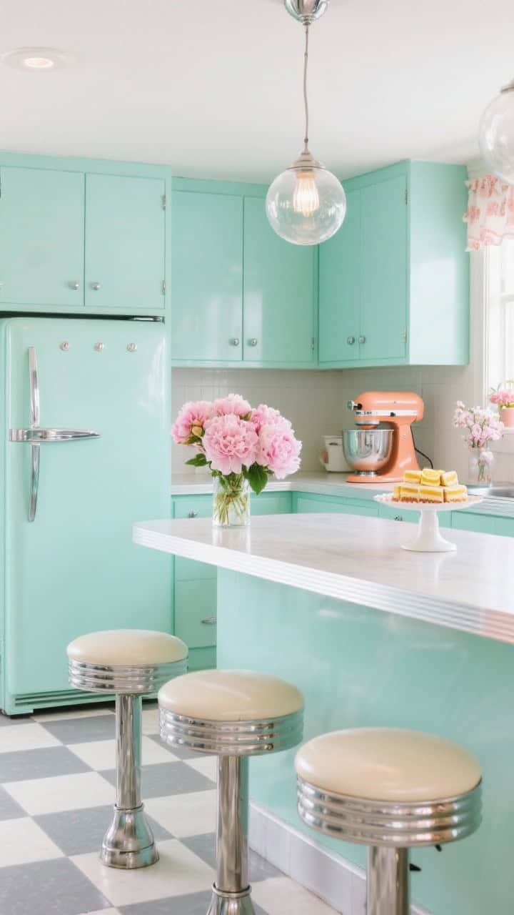 Straight-on medium shot, Pastel Retro Diner Refresh: mint-green cabinets with polished chrome hardware, soft gray-and-white checkerboard floor, rounded retro fridge in a pale pastel. A bubble glass pendant hangs above the counter, diner-style counter stools in creamy vinyl, a coral-colored mixer on the counter. A pink peony bouquet and a vintage cake stand with lemon bars complete the springy retro scene. Bright, cheerful lighting.