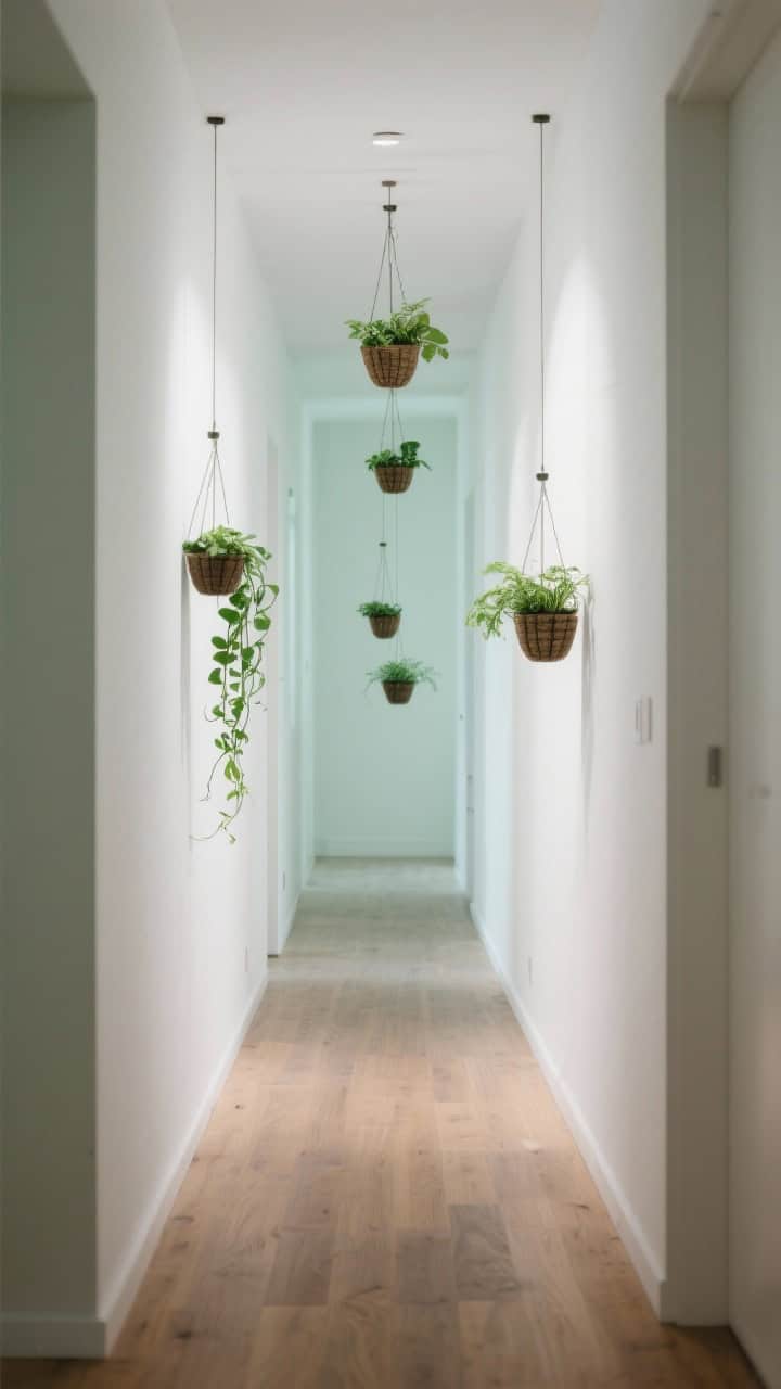 Wide hallway shot from eye level, showing a linear series of small hanging planters along the corridor: three to five minis spaced evenly for rhythm; alternating silhouettes—one trailing, one upright, repeat; planters set at a height maintaining at least 6'8" clearance; soft wall wash lighting emphasizes the green gallery effect; clean white walls, subtle wood floor; photorealistic.