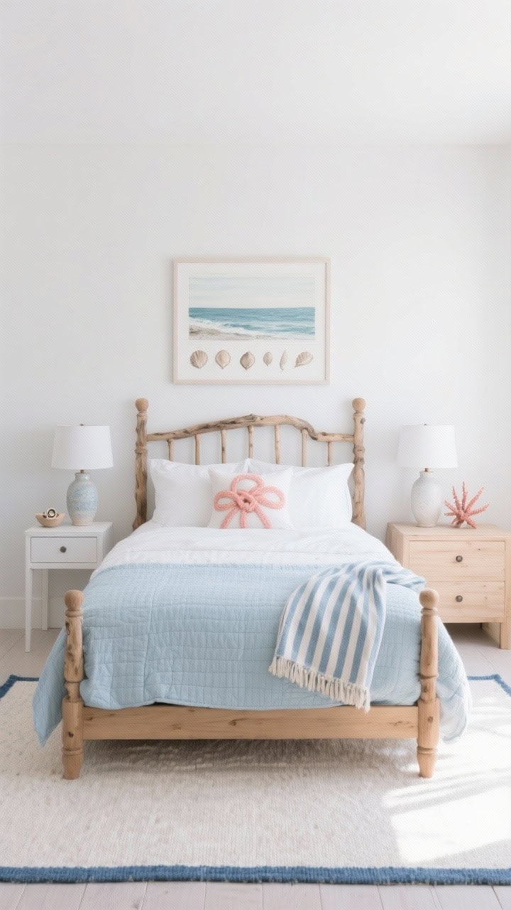 Wide, serene “Coastal Calm Bedroom” straight-on view: natural wood spindle bed made up with crisp white percale sheets, a pale blue quilt, and a cabana-striped throw; color story of white, salt blue, driftwood with a subtle pop of coral in a pillow; white nightstands with ceramic lamps, a coral knot object, and a tiny bowl for rings; pale oak dresser to the side; above the bed, a framed seascape or set of shell sketches; flat-weave rug in ivory and blue with a simple border; bright, soft daylight for an airy coastal mood; photorealistic.