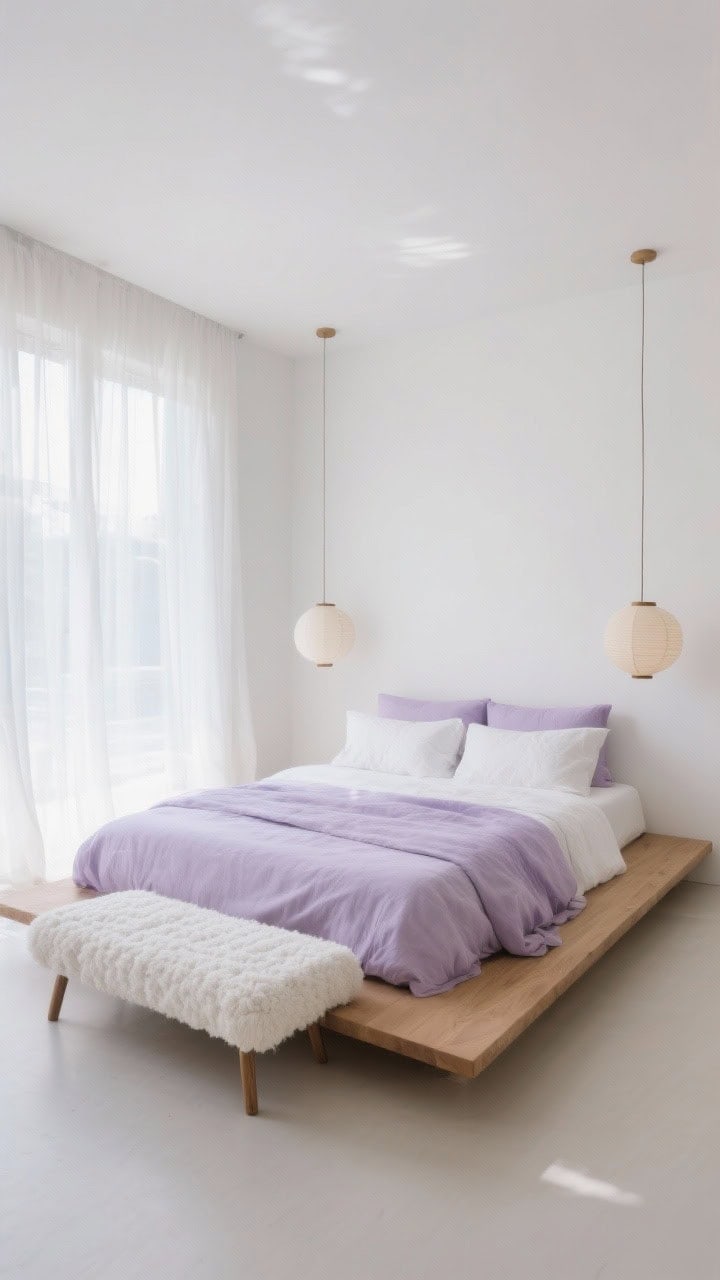 Wide shot, cloud-soft minimalism bedroom: crisp white walls, low-profile natural oak platform bed centered, gauzy white curtains glowing with morning light, layered lavender-washed linen bedding—pale lavender shams, white sheets, slightly deeper lavender duvet, white boucle bench at foot, two paper lantern pendants hanging symmetrically, palette of soft white, pale lavender, natural oak; airy, serene mood; photorealistic, no people.
