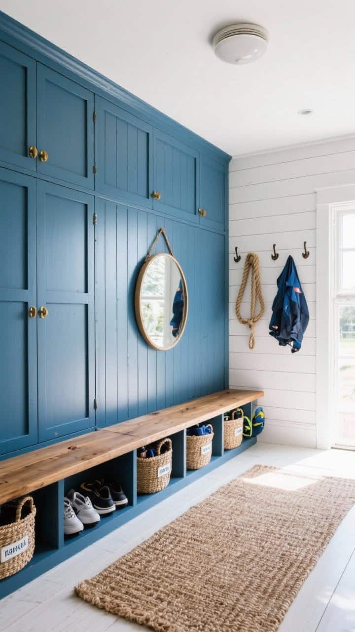 Wide shot, coastal mudroom: floor-to-ceiling marine-blue built-in cabinets with beadboard backing and brass cup pulls; a long chunky oak bench with labeled woven baskets in cubbies for shoes and sports gear; opposite wall features white shiplap with boat cleat hooks holding wet jackets; rope-framed round mirror above the bench, sisal runner on the floor; bright natural daylight, crisp coastal vibe, photorealistic.