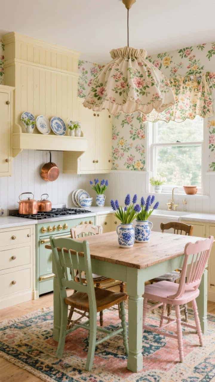 Wide shot, English Cottage Spring Bloom Kitchen: painted inset cabinets in buttercream, floral wallpaper above white wainscoting, beadboard-wrapped range hood with a tiny ledge displaying plates and bud vases. A farmhouse table replaces the island, surrounded by mismatched chairs in sage and blush. A pleated fabric pendant overhead, ruffled café curtains at the window, copper pots and floral china on display, a vintage rug underfoot, and fresh hyacinths in blue-and-white pitchers on the table. Warm, charming cottage ambiance.
