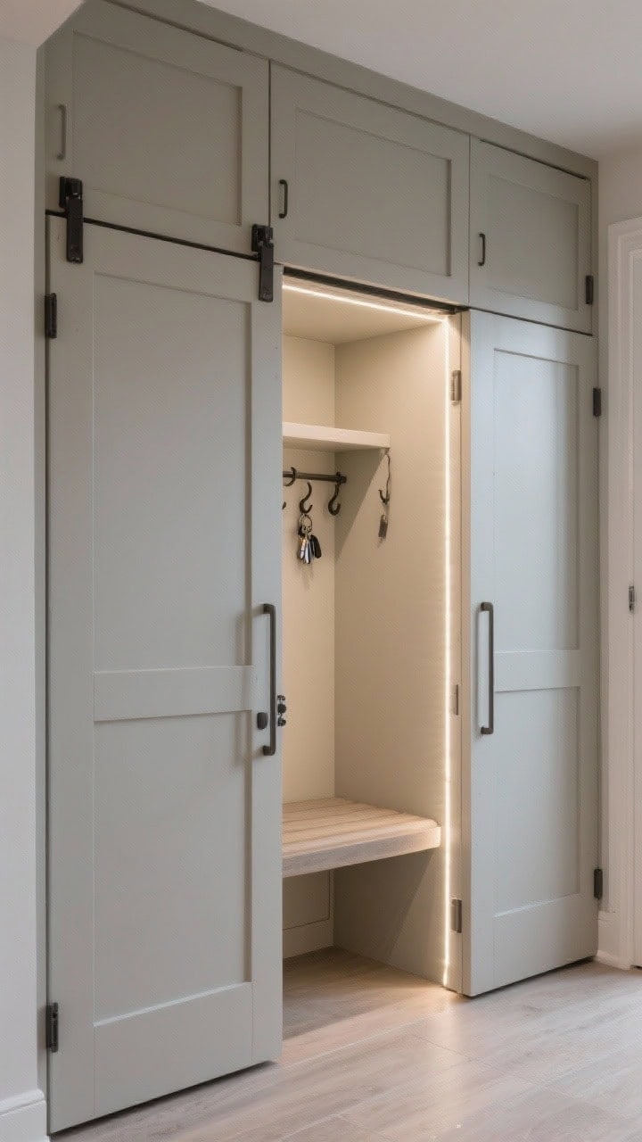 Wide shot, hidden pantry-style mudroom: a closet-like nook with floor-to-ceiling pantry cabinets; soft-close pocket doors fully retracted to reveal interior bench, hooks, and a shallow shelf for keys; LED strips mounted along door frames creating a dramatic reveal glow; compact, efficient layout with everything neatly contained; clean, contemporary feel, slightly elevated perspective.