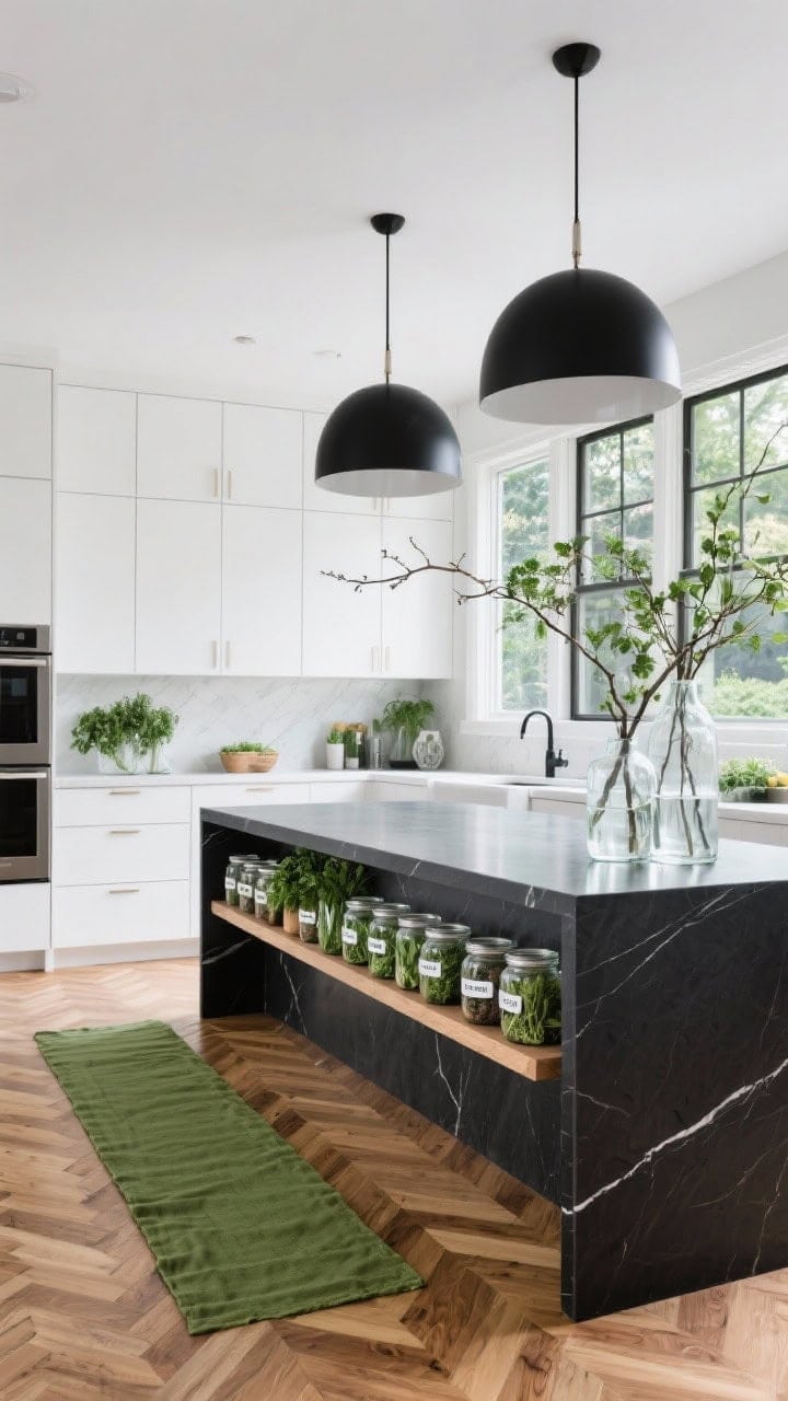 Wide shot, High-Contrast Modern Garden Kitchen: glossy white slab cabinets, a striking charcoal quartz waterfall island, and a full-width window herb shelf in front of the sink brimming with neatly labeled glass jars of fresh herbs. Oversized black dome pendants hang above, herringbone oak floor adds warmth, and a green linen runner draws the eye. Clear vases with cut branches provide sculptural freshness. Bright, polished modern mood with garden energy.