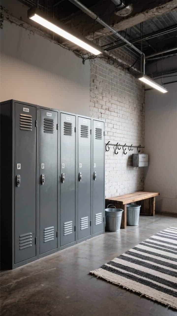 Wide shot, industrial: wall of powder-coated steel lockers in graphite with number plates and vent slats; exposed brick accent (or thin brick tile) behind a reclaimed wood bench; rugged utility hooks mounted nearby; enamel bins and a striped utility rug on the floor; cool, warehouse lighting with slight shadows; gritty, functional vibe.